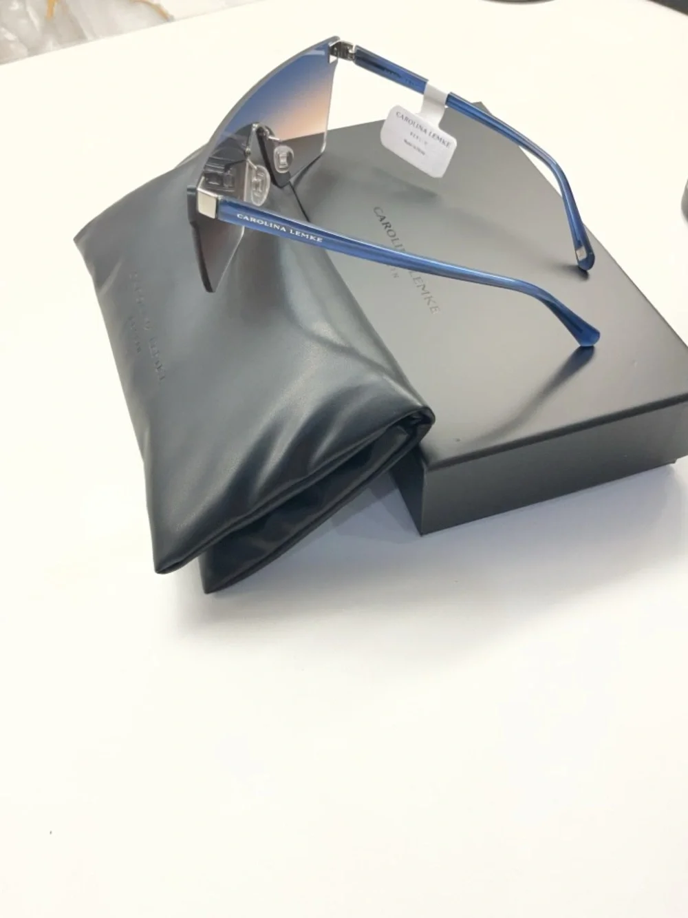 Gradient Blue Rimless Shield Sunglasses — Carolina Lemke
